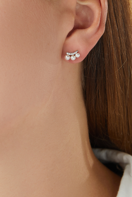 Sleek Curve Earrings, 18k White Gold with Akoya Pearls & Diamonds